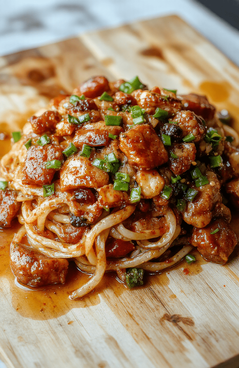 Vibrant bowl of kung pao noodles with tender chicken, crisp bell peppers, spicy red chilies, and roasted peanuts tossed in glossy brown sauce, served in a white ceramic bowl on a rustic wooden table with steam rising, garnished with green onions and sesame seeds