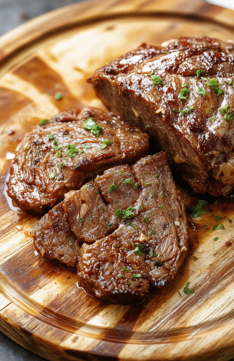 A rustic ceramic crockpot-centered board with tender fork-tender beef pot roast, golden-brown edges, surrounded by caramelized carrots, baby potatoes, and celery in a rich brown gravy; garnished with fresh parsley on a wooden board in soft natural daylight.