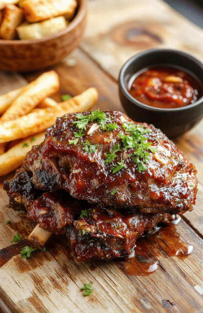 Close-up of rich, glossy braised beef short ribs glistening with sauce, served in a rustic ceramic bowl on a dark wood table, surrounded by caramelized onions, garlic cloves, fresh thyme sprigs, and a splash of red wine reduction. The meat is fork-tender, pulled slightly apart showing deep mahogany color and moist textures, with natural fats melted away. Soft natural daylight illuminates the dish with shallow depth of field and gentle shadows, no text or props.
