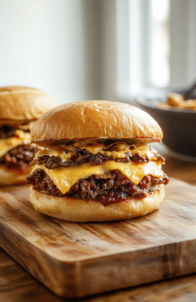 Two generous slow cooker tender beef sandwiches on toasted seeded buns, layered with melted sharp cheddar, caramelized onions, and tender beef shreds, garnished with fresh parsley, placed on a rustic wooden board with subtle steam rising, natural daylight, shallow depth of field, soft shadows, American comfort food aesthetic