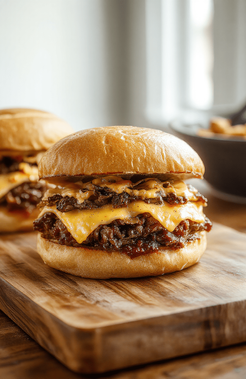 Two generous slow cooker tender beef sandwiches on toasted seeded buns, layered with melted sharp cheddar, caramelized onions, and tender beef shreds, garnished with fresh parsley, placed on a rustic wooden board with subtle steam rising, natural daylight, shallow depth of field, soft shadows, American comfort food aesthetic