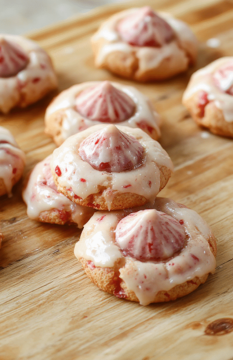 Soft, chewy strawberry kiss cookies on a white ceramic plate, each cookie featuring a delicate indentation filled with glossy strawberry jam, dusted lightly with powdered sugar, against a rustic wooden table with natural light and subtle shadows.