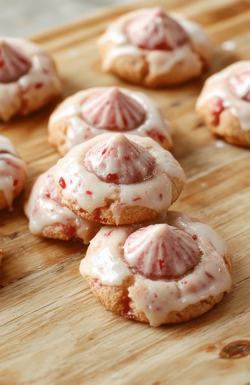 Soft, chewy strawberry kiss cookies on a white ceramic plate, each cookie featuring a delicate indentation filled with glossy strawberry jam, dusted lightly with powdered sugar, against a rustic wooden table with natural light and subtle shadows.