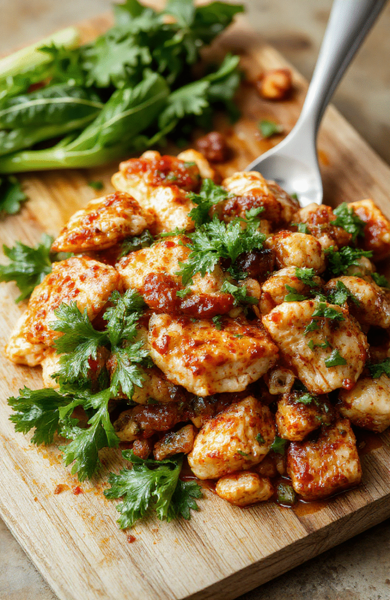 A vibrant, steaming bowl of Spicy Cajun Chicken Jambalaya served in a rustic white ceramic bowl. Tender, charred chicken pieces, pink shrimp, and chewy andouille sausage mingle with golden rice, red bell peppers, green bell peppers, and onions. Sprinkled with fresh parsley and a dusting of red pepper flakes, the dish sits on a wooden board with black cast-iron cookware nearby, soft daylight highlighting the rich textures and warm spices.