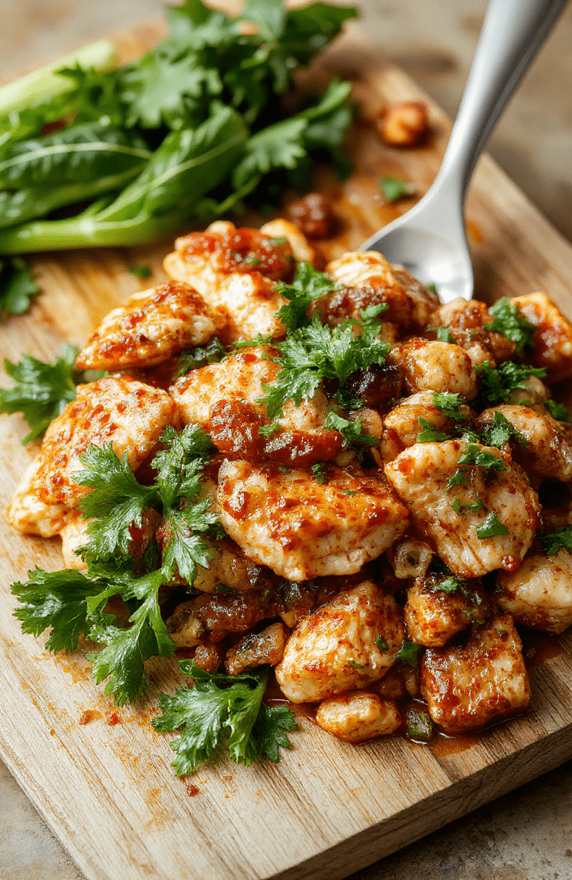 A vibrant, steaming bowl of Spicy Cajun Chicken Jambalaya served in a rustic white ceramic bowl. Tender, charred chicken pieces, pink shrimp, and chewy andouille sausage mingle with golden rice, red bell peppers, green bell peppers, and onions. Sprinkled with fresh parsley and a dusting of red pepper flakes, the dish sits on a wooden board with black cast-iron cookware nearby, soft daylight highlighting the rich textures and warm spices.