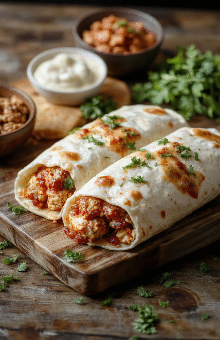 Two sizzling grilled flour tortillas wrapped around smoky chipotle-marinated chicken strips, melted cheese, black beans, rice, avocado slices, and fresh cilantro, served on a rustic wooden board with lime wedges and a drizzle of crema.