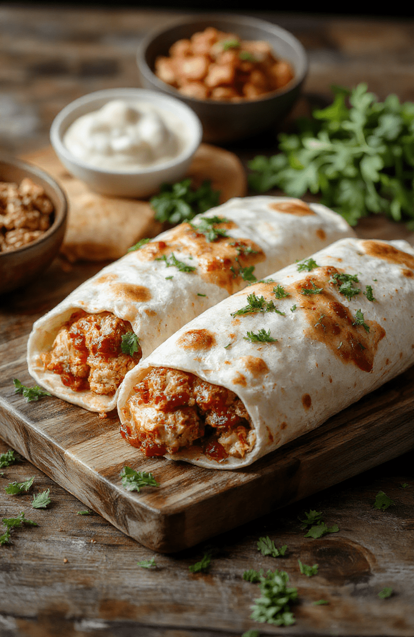 Two sizzling grilled flour tortillas wrapped around smoky chipotle-marinated chicken strips, melted cheese, black beans, rice, avocado slices, and fresh cilantro, served on a rustic wooden board with lime wedges and a drizzle of crema.