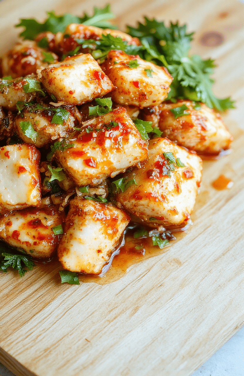 Golden pan-fried tofu cubes in a creamy golden coconut curry sauce with red chili flakes, fresh Thai basil leaves, and sliced scallions, served over fluffy jasmine rice in a rustic ceramic bowl on a light wooden table with soft natural lighting and gentle shadows.