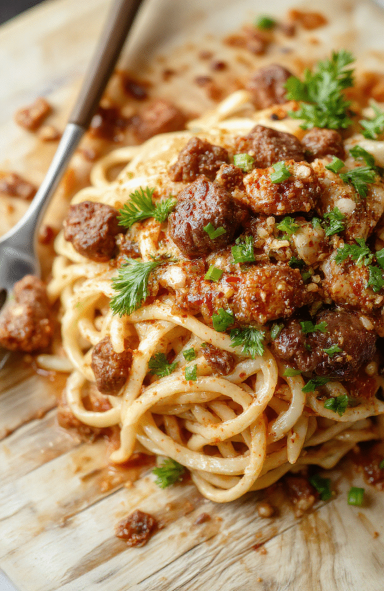 A vibrant close-up of spicy cumin lamb noodles in a white ceramic bowl: golden-brown lamb strips with charred edges, tangled chewy hand-pulled noodles, translucent leeks, bright red chili flakes, toasted cumin seeds, and chopped cilantro scattered on top, drizzled with sesame oil, garnished with scallion rings. Light steam rises from the dish under soft natural daylight.