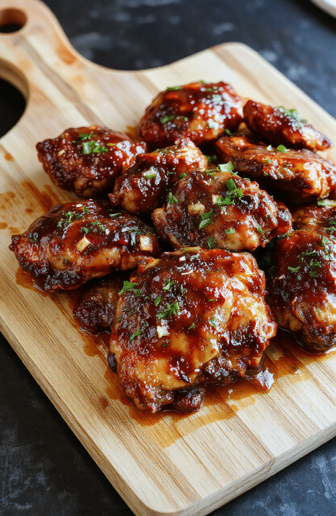Glossy, caramelized brown sugar garlic chicken thighs on a rustic wooden board, glistening with sticky glaze, garnished with sesame seeds and sliced green onions, served beside steamed jasmine rice in a white ceramic bowl, soft shadows, natural daylight, shallow depth of field.