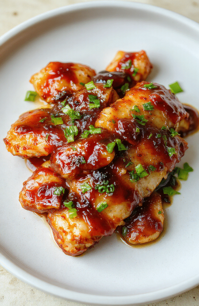 Glossy sticky honey garlic chicken thighs with caramelized edges, nestled on a bed of steamed white rice, garnished with sesame seeds and sliced green onions, served on a rustic ceramic plate with a-side of blanched broccoli