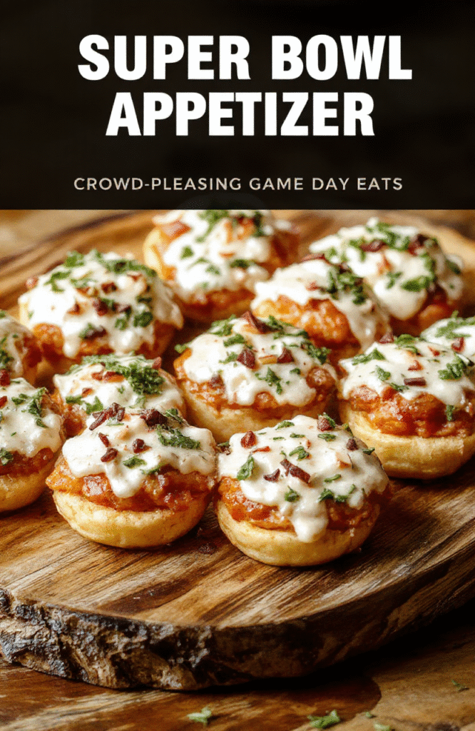 A vibrant spread of Super Bowl appetizers on a rustic wooden board: crispy buffalo chicken wings with reddish-orange glaze, creamy spinach-artichoke dip in a burnt orange ceramic dish with visible bubbly cheese, savory meatballs in rich tomato sauce glistening under soft light, and colorful jalapeño-lime deviled eggs with bright green and yellow contrasts. Garnished with fresh parsley, red onion slices, and lime wedges. Natural light, shallow depth of field, uncluttered background.