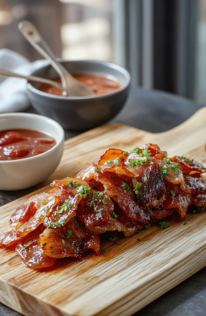 Glossy, caramelized sweet bacon smokies on a white ceramic plate, glistening with sticky-sweet glaze, arranged in a neat circle with crispy cooked bacon bits sprinkled around, fresh parsley leaves for contrast, rustic wooden board in soft background.