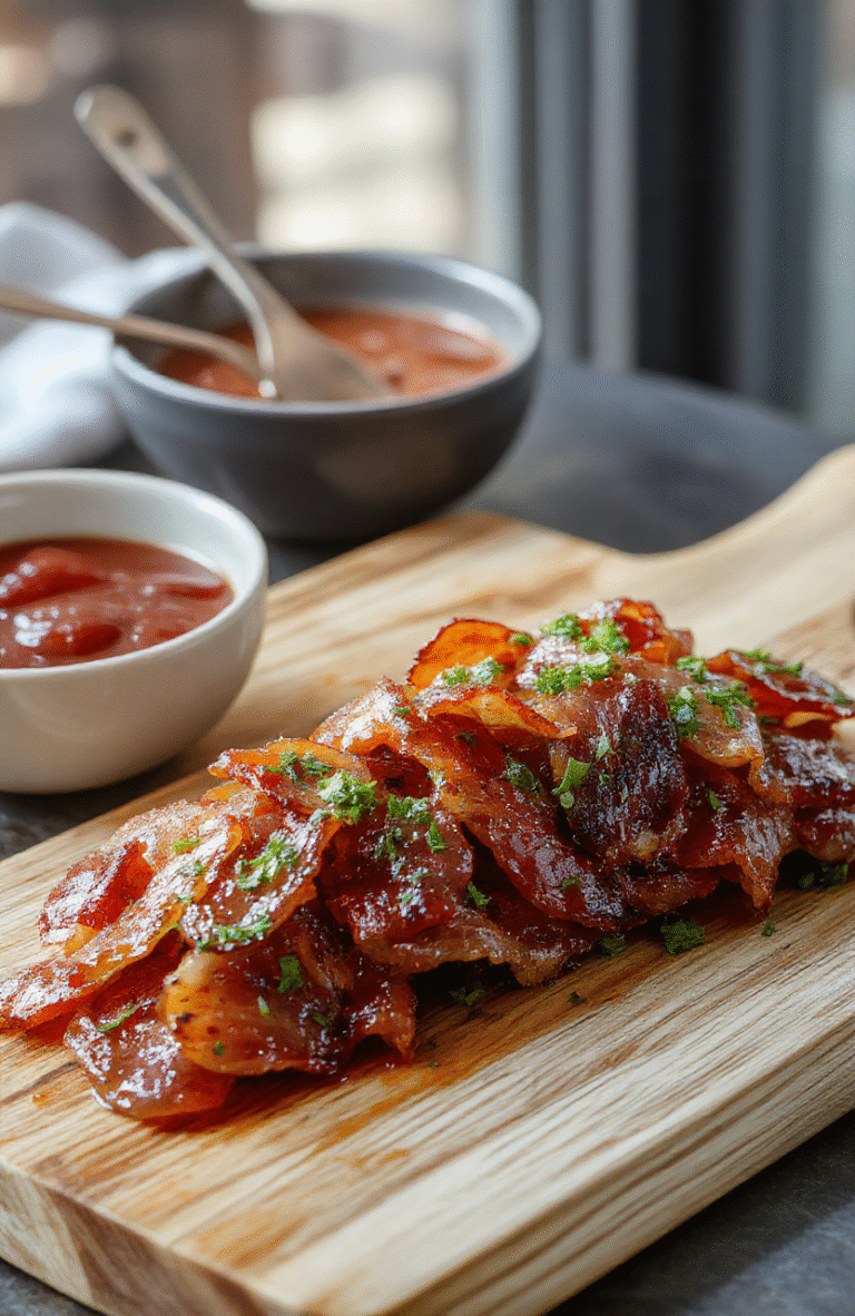 Glossy, caramelized sweet bacon smokies on a white ceramic plate, glistening with sticky-sweet glaze, arranged in a neat circle with crispy cooked bacon bits sprinkled around, fresh parsley leaves for contrast, rustic wooden board in soft background.