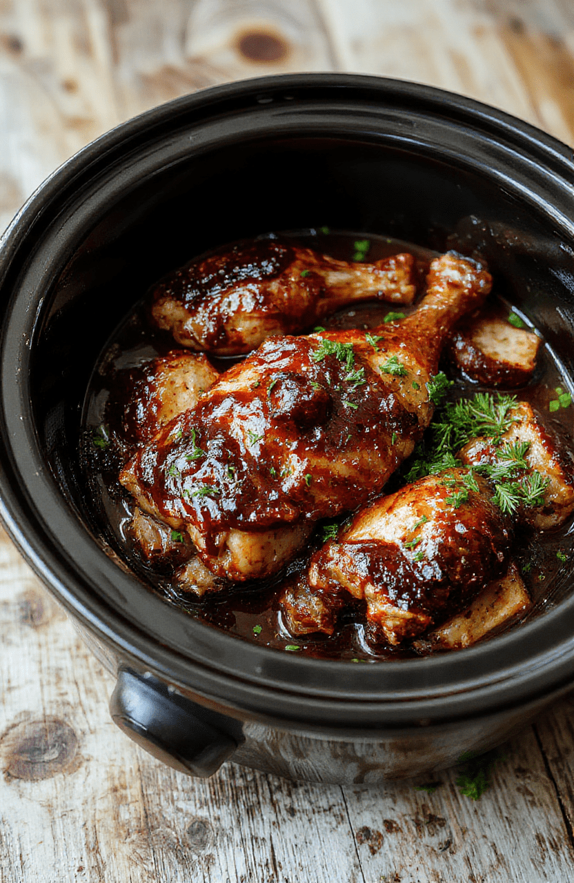 Glistening pieces of tender braised chicken thighs coated in glossy deep amber-brown sweet and sticky bourbon glaze, served over steamed white rice with sesame seeds and sliced green onions, garnished with a small bowl of extra glaze on the side, rustic wooden board background.