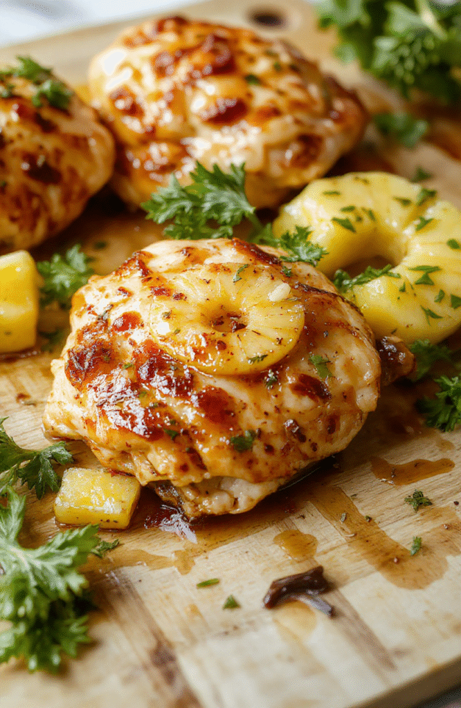 Golden-brown pineapple chicken withchunks of juicy fresh pineapple and vibrant bell peppers in a glossy sweet-savory glaze, served over steamed white rice on a white ceramic plate, garnished with sesame seeds and sliced green onions, set on a light wooden cutting board with自然 daylight and soft shadows.