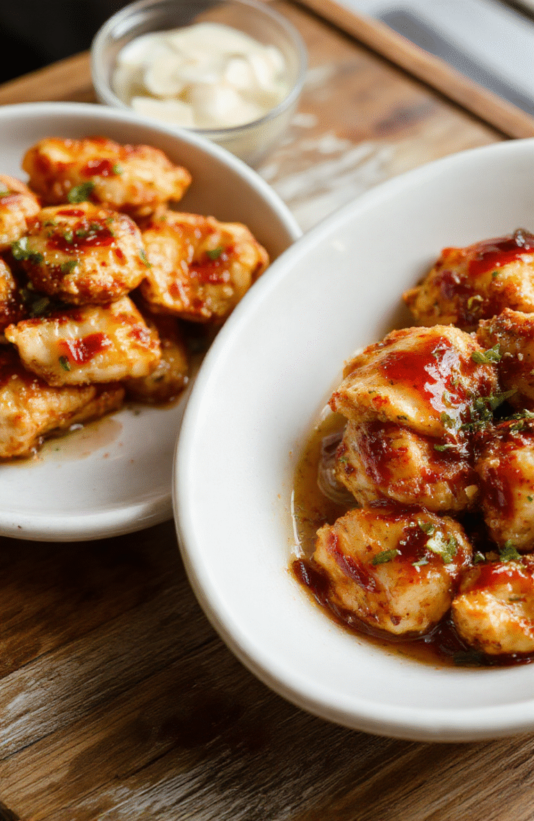 Golden-brown honey pepper chicken pieces glistening with sticky sweet spicy glaze, served on a white ceramic plate with sesame seeds sprinkled on top, alongside steamed broccoli and jasmine rice in a ramekin. Soft natural daylight highlights caramelized edges and glossy texture.