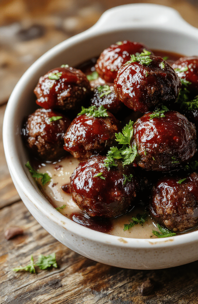 Glossy red grape jelly meatballs glistening under soft light, nestled in a rustic ceramic bowl with a sprinkle of fresh parsley, surrounded by toothpicks and a drizzle of tangy sauce.