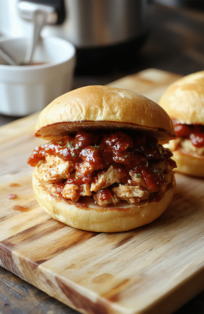 Golden-brown pulled chicken glistening with glossy, sticky BBQ sauce, piled high on a toasted brioche bun with lightly charred edges, served alongside quick-pickled red onions and a side of coleslaw on a rustic wooden board, natural daylight, shallow depth of field, soft shadows, cozy home-cooked aesthetic.
