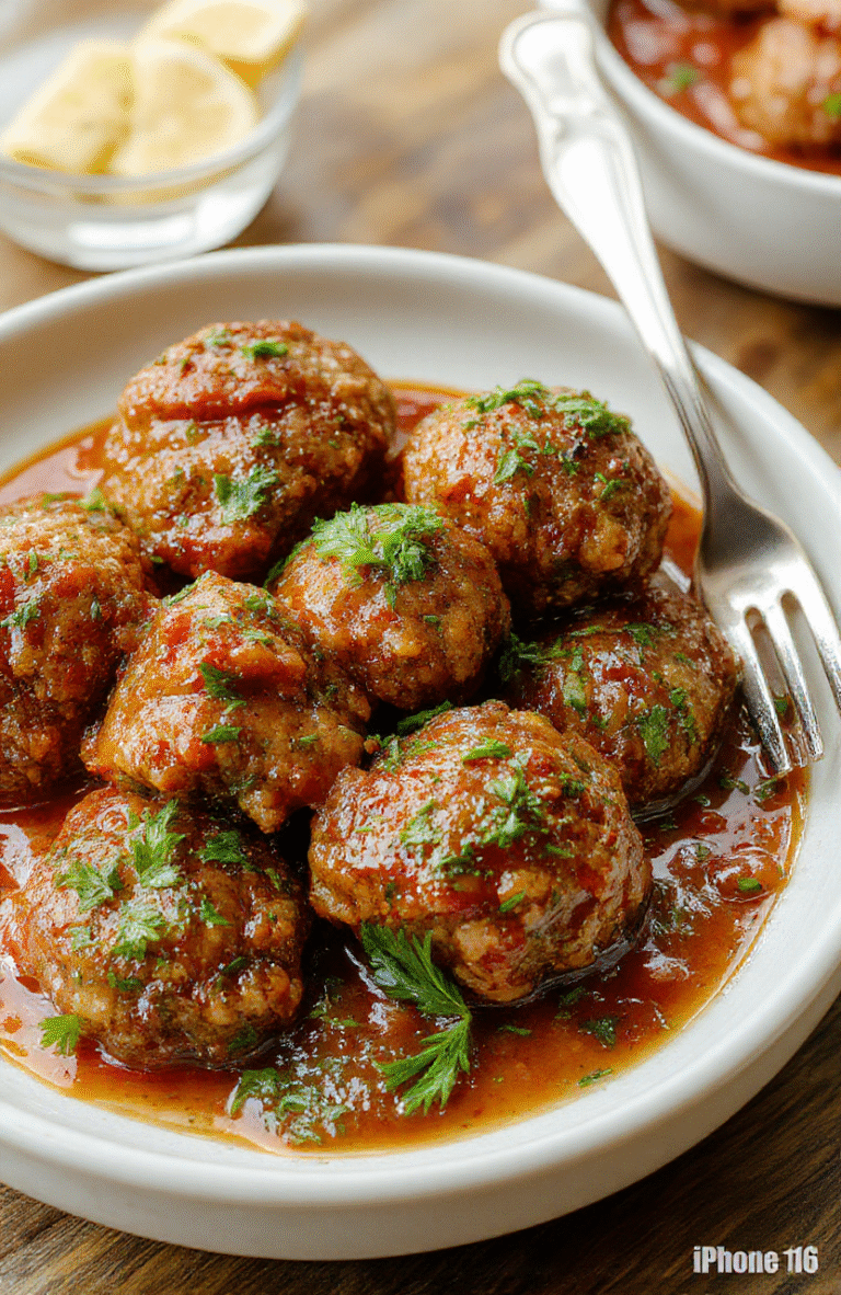 Golden-brown, perfectly charred Italian meatballs nestled in a rich, bubbling tomato sauce with fresh basil leaves, parmesan shavings, and a sprinkle of oregano on a rustic white ceramic plate, with a side of al dente pasta drizzled with olive oil