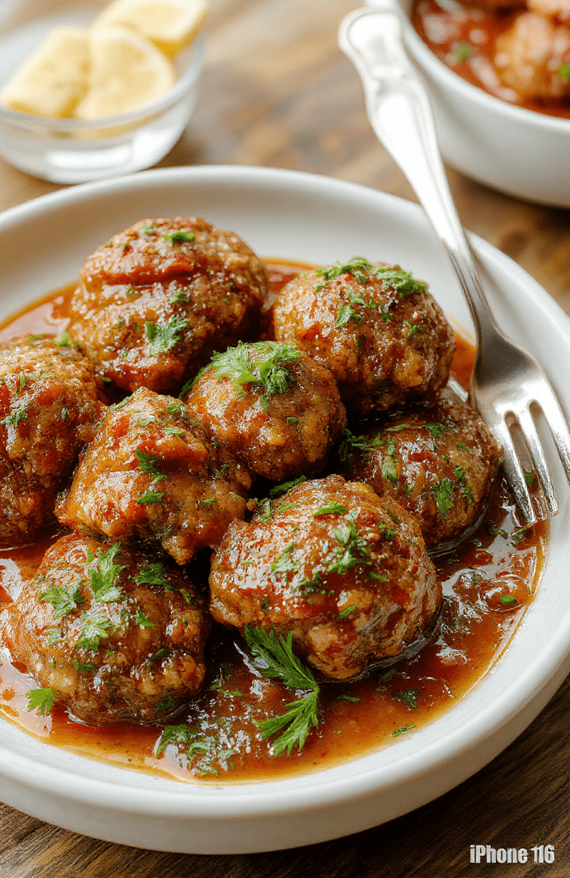 Golden-brown, perfectly charred Italian meatballs nestled in a rich, bubbling tomato sauce with fresh basil leaves, parmesan shavings, and a sprinkle of oregano on a rustic white ceramic plate, with a side of al dente pasta drizzled with olive oil