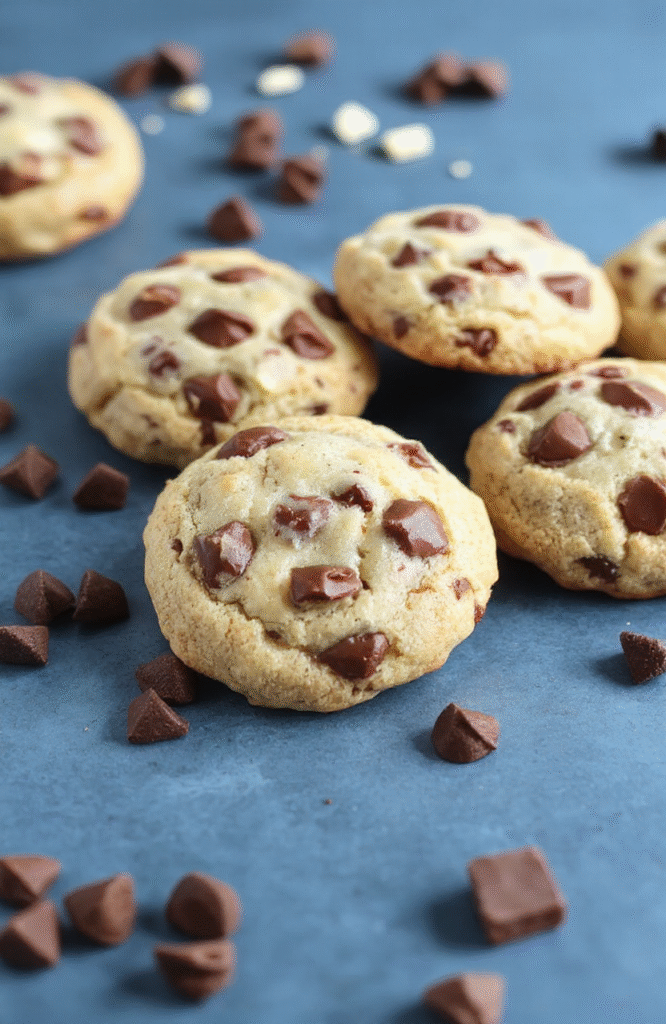 A batch of golden-brown, bakery-style chocolate chip cookies on a rustic wooden board, with visible melty chocolate chunks, cracked edges, and a dusting of sea salt. Warm, soft center with crisp edges, steam rising slightly, captured in natural daylight with shallow depth of field.