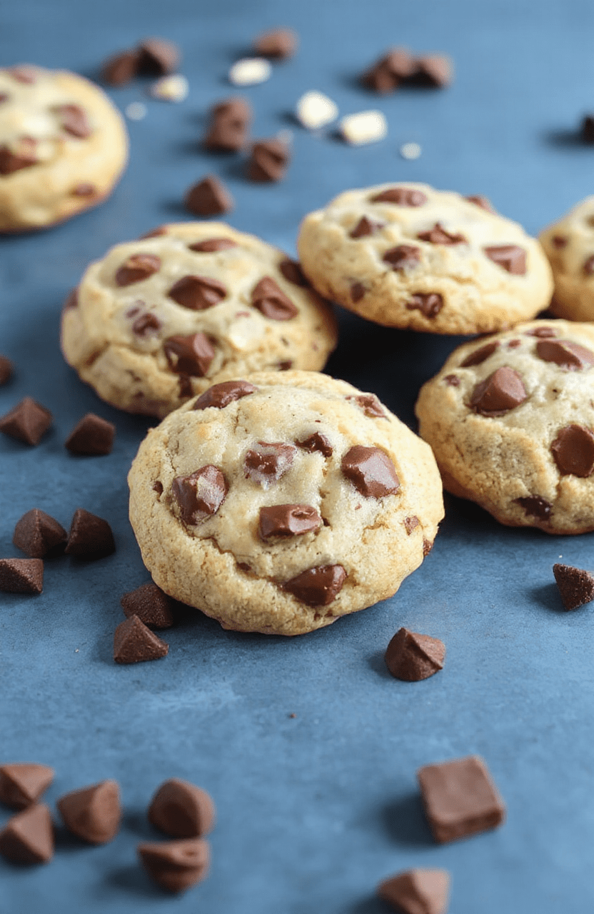 A batch of golden-brown, bakery-style chocolate chip cookies on a rustic wooden board, with visible melty chocolate chunks, cracked edges, and a dusting of sea salt. Warm, soft center with crisp edges, steam rising slightly, captured in natural daylight with shallow depth of field.