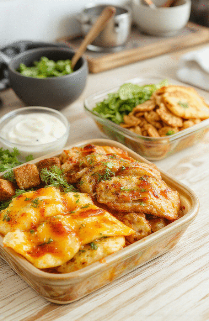 A tidy countertop with six standardized portions of hearty grain-and-veggie bowls — brown rice, black beans, roasted sweet potatoes, sautéed spinach, avocado slices, and a drizzle of lime-cilantro dressing — neatly arranged in clear glass meal prep containers with lids stacked beside them, natural daylight, minimalist background.