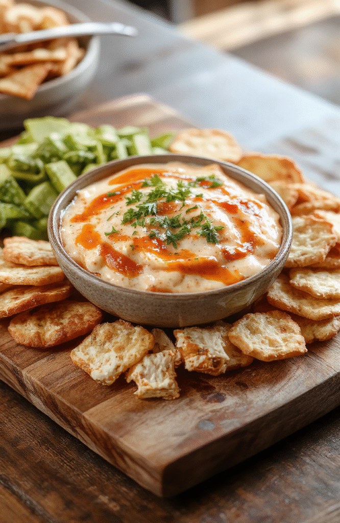 Rich and creamy Buffalo chicken dip served in a rustic ceramic baking dish, bubbling with melted cheddar and mozzarella cheese, studded with shredded rotisserie chicken and dotted with bright red hot sauce droplets, garnished with chopped green onions and celery sticks arranged around the rim on a wooden board.