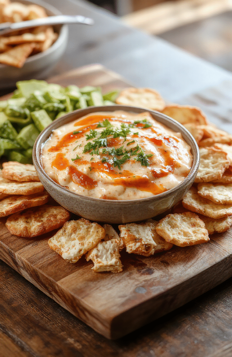 Rich and creamy Buffalo chicken dip served in a rustic ceramic baking dish, bubbling with melted cheddar and mozzarella cheese, studded with shredded rotisserie chicken and dotted with bright red hot sauce droplets, garnished with chopped green onions and celery sticks arranged around the rim on a wooden board.