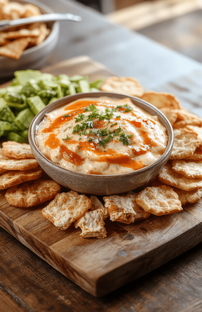 Rich and creamy Buffalo chicken dip served in a rustic ceramic baking dish, bubbling with melted cheddar and mozzarella cheese, studded with shredded rotisserie chicken and dotted with bright red hot sauce droplets, garnished with chopped green onions and celery sticks arranged around the rim on a wooden board.