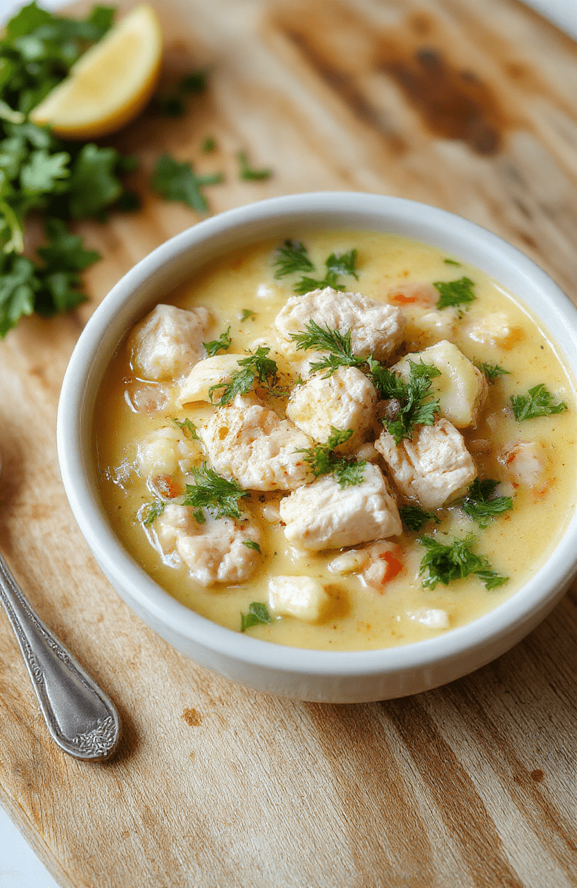 A steaming bowl of rich, creamy chicken noodle soup topped with fresh parsley and cracked black pepper, presented on a rustic wooden cutting board. Tender chicken pieces, thick wide egg noodles, and soft carrots and celery float in a velvety golden broth, with a hint of garlic and thyme visible. The photo is taken in natural daylight with shallow depth of field and soft shadows, showcasing the soup’s warm tones and cozy texture.