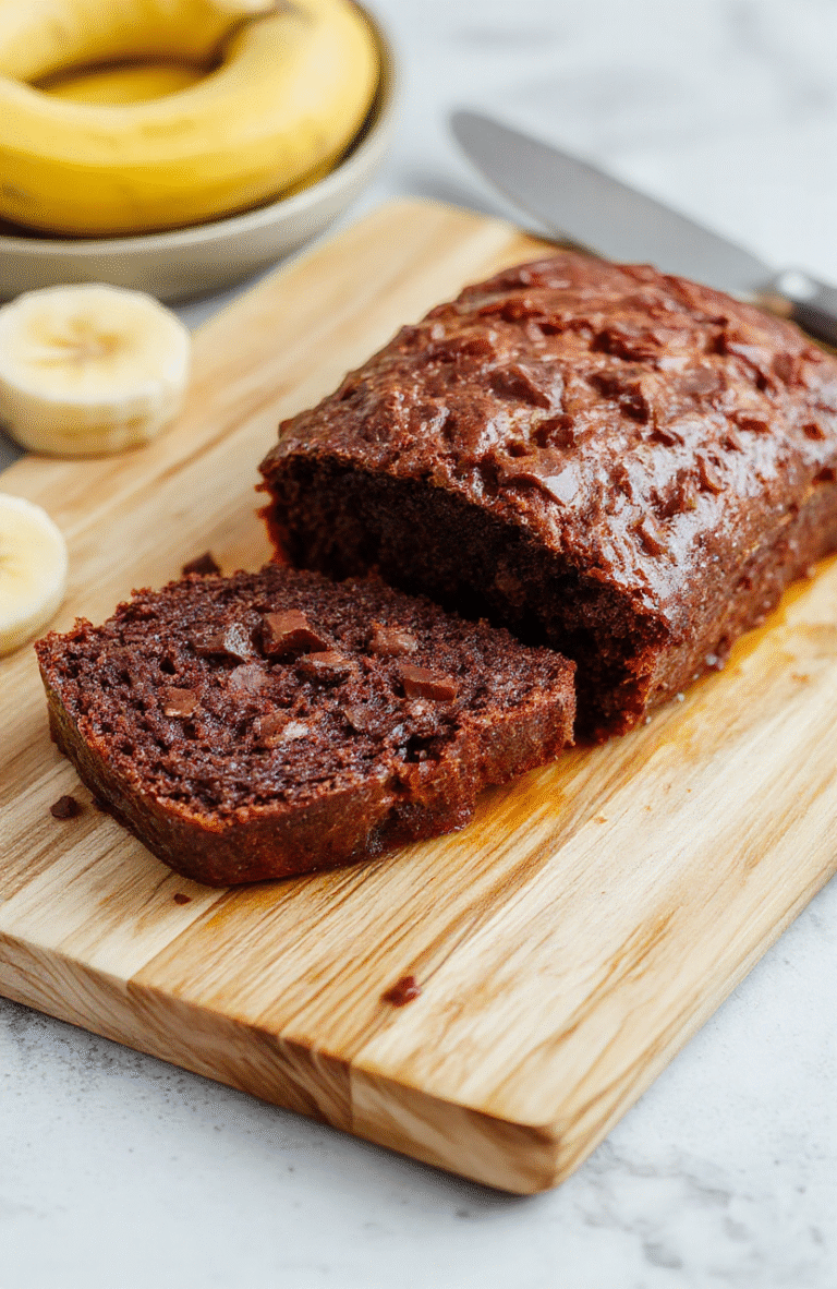 A glossy, slice of rich chocolate banana bread resting on a wooden cutting board, showing a soft, moister crumb with visible banana strands and melted chocolate pockets, dusted with powdered sugar, with a drizzle of chocolate sauce and sliced banana on the side, natural daylight, soft shadows, shallow depth of field